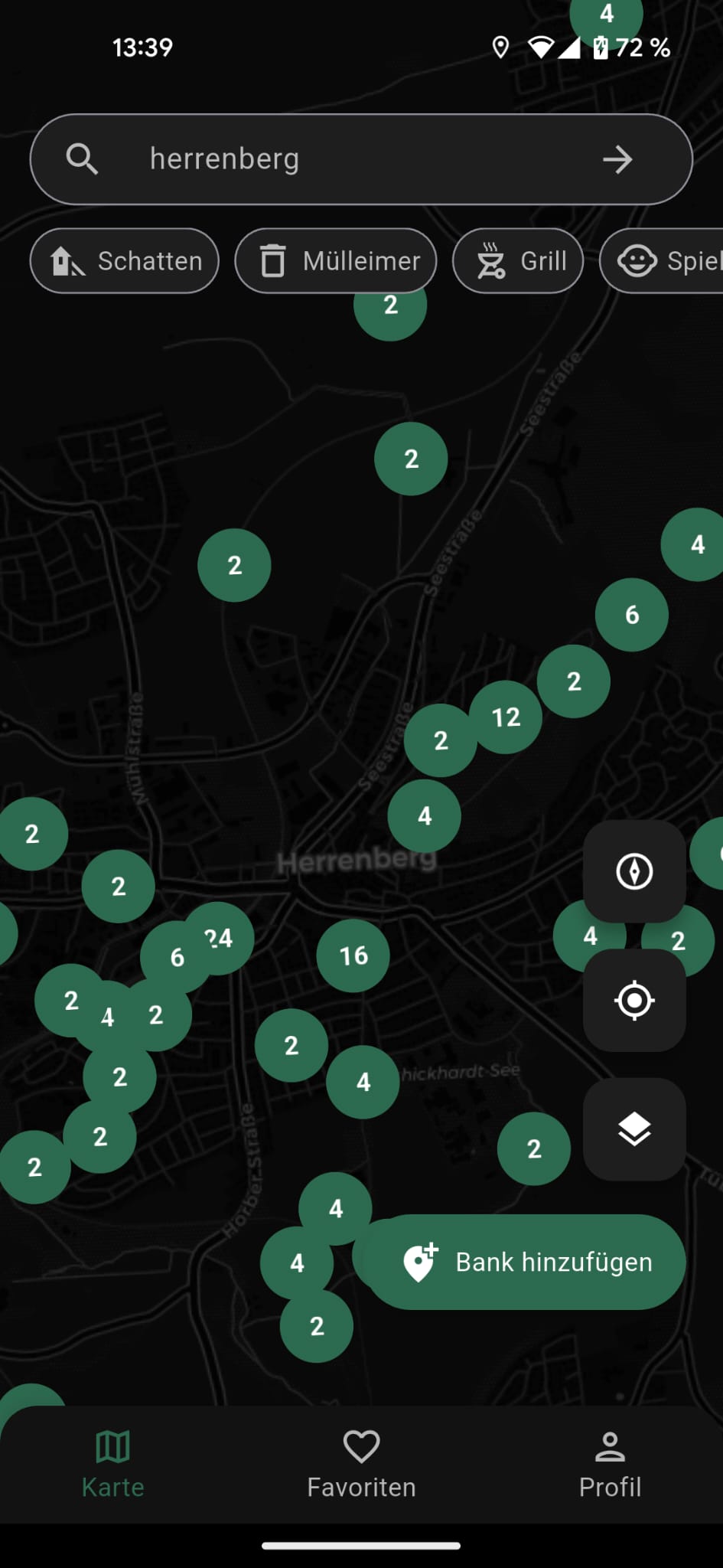 GreenSeat Karte im Dark Mode