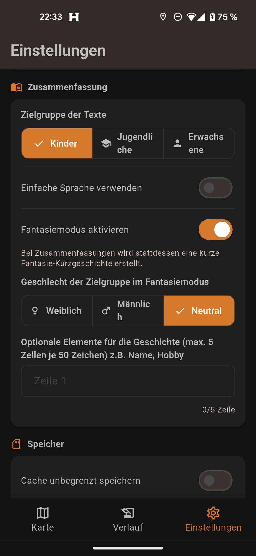 Einstellungen im Dark Mode