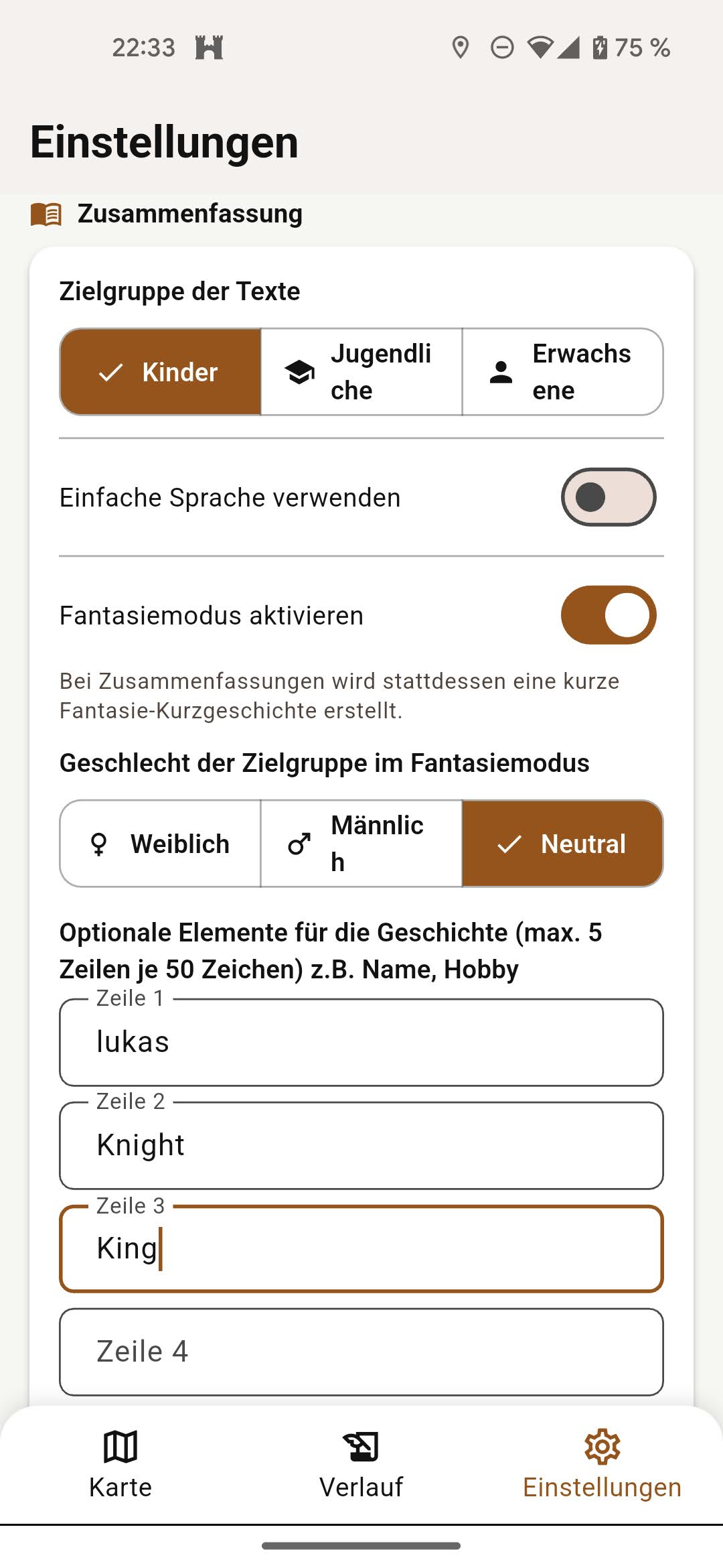 Einstellungen im Light Mode